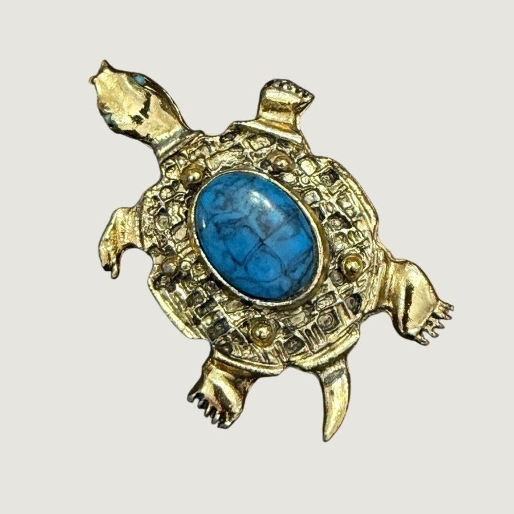 Handmade Turtle Brooch Women OS Gold Blue‎ Faux Stone Vintage Style Pin